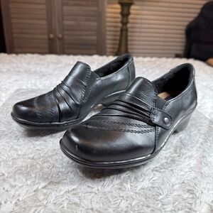 Earth Origins Women's 7W Comfort Black Leather Slip On Heeled Grandma Work